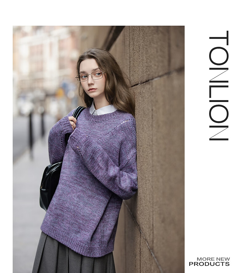 TonLion 2025 Autumn Winter Women's Crew Neck Solid Color Heather Knit Sweater 2