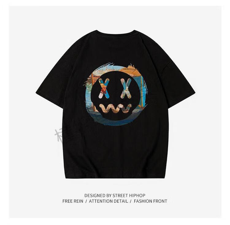 【抖音同款】 mbd小恶魔同款笑脸油画短袖t恤男军旅风时尚情侣装宽松