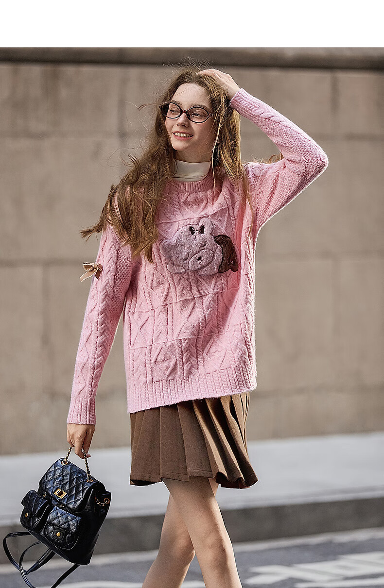 TonLion 2025 Autumn Winter Women's Crew Neck Front Pattern Applique Cable Knit Sweater 5