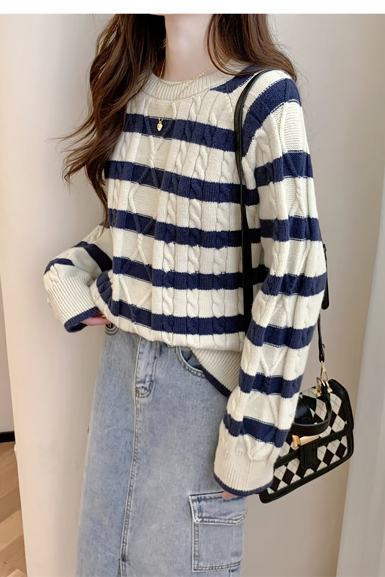 TonLion 2025 Autumn Winter Striped Cable Knit Women's Crew Neck Pullover Sweater 5