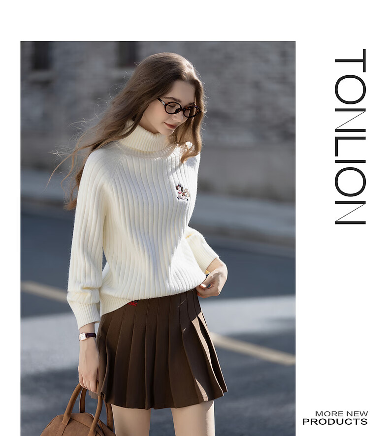 TonLion 2025 Autumn Winter Women's Turtleneck Pullover Sweater with Embroidered Front Details 3