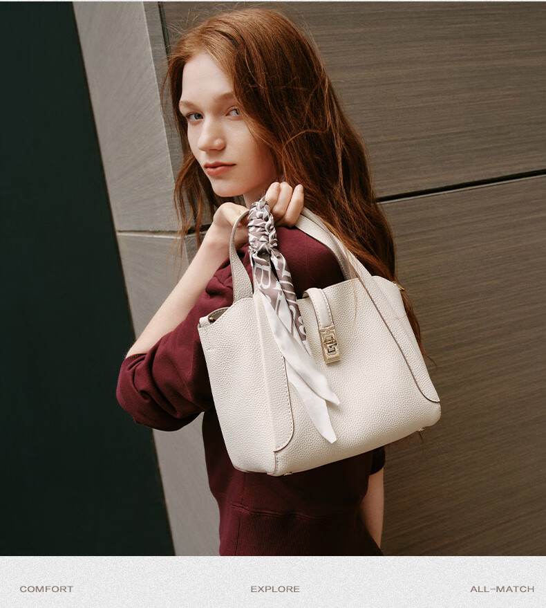 Belle Mother's Day Gift, Women's Handbag, High-Quality Genuine Leather Basket, Gift Satin Scarf Tote Bag BL828BX5 White 6