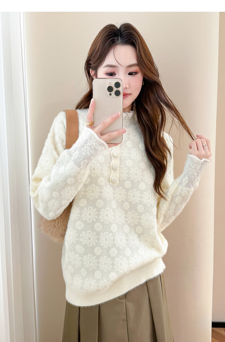 TonLion 2025 Autumn Winter Lady Style Monochrome Jacquard Half-Placket Pullover Sweater for Women 4