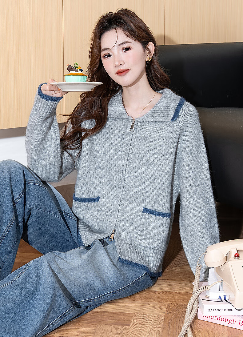 TonLion 2025 Autumn Winter Retro Color-Block Trim Women's Lapel Zip Cardigan Sweater 2