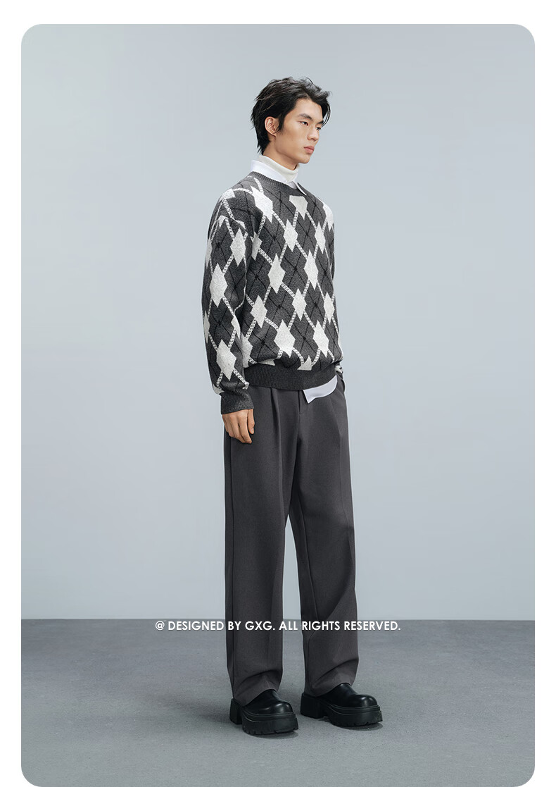 GXG Menswear Mall Same Style Gray White Plaid Cable Knit Sweater Men's Commuter Sweater Gray White Plaid 175/L 3
