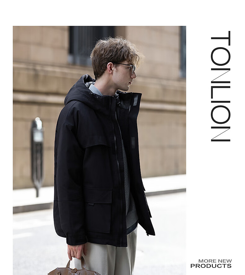 TonLion 2025 Winter Men's Hooded Short Workwear Cotton Jacket with Chest Logo 3