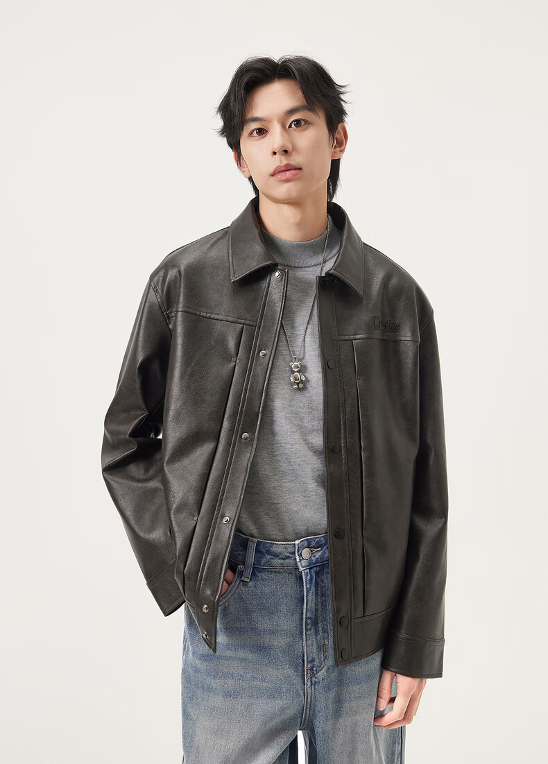 Gxgjeans Men's Vintage PU Leather American Simple Jacket Coat 25 Autumn New Black 180/XL 9