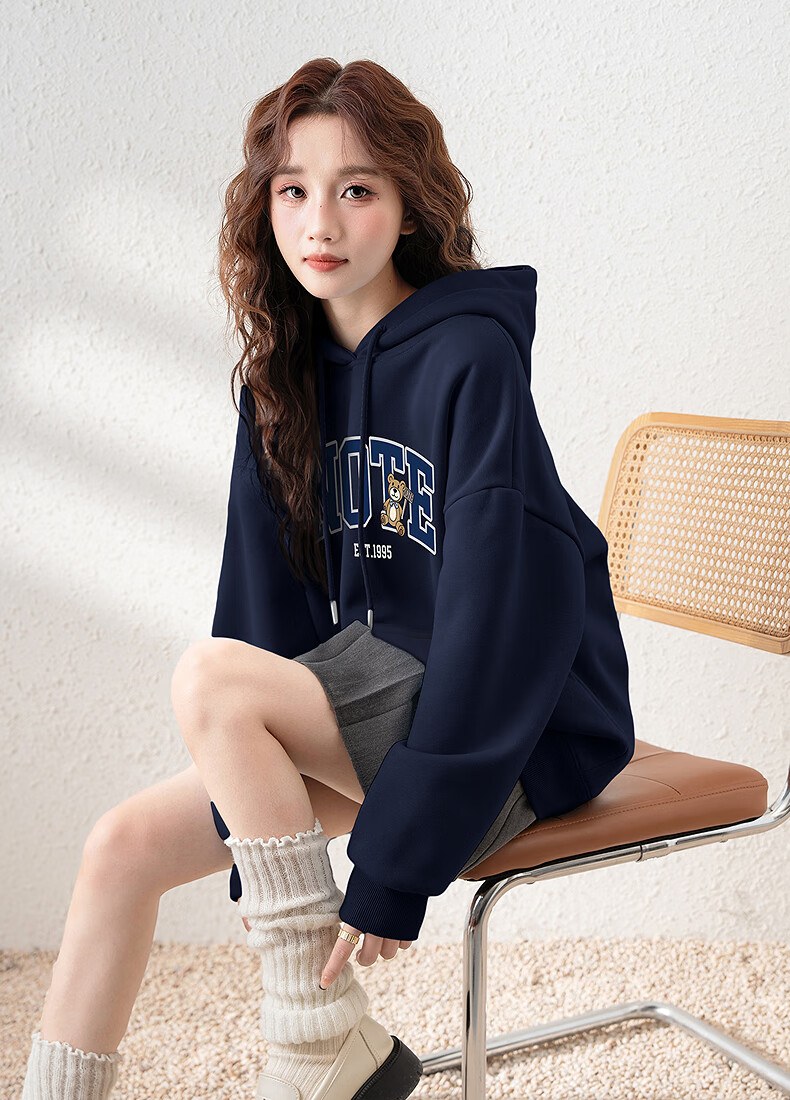 TonLion 2025 Autumn Winter Women's Knitted Hoodie with Front Chest English Bear Sweatshirt 2