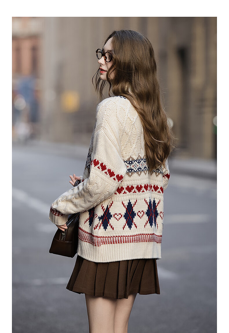 TonLion 2025 Autumn Winter Women's Crew Neck Fair Isle Jacquard Cardigan Knit Lazy Christmas Sweater Coat 3