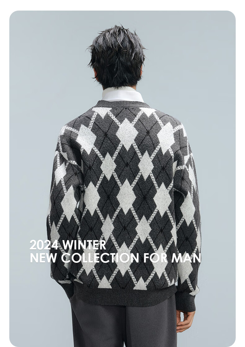 GXG Menswear Mall Same Style Gray White Plaid Cable Knit Sweater Men's Commuter Sweater Gray White Plaid 175/L 4
