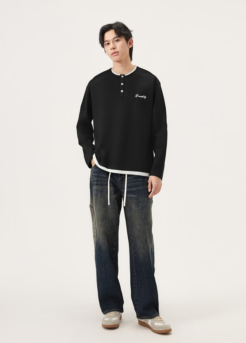 Gxgjeans Men's Layered Letter Embroidered Loose Half-Zip Sweatshirt 25 Autumn New Black 170/M 7
