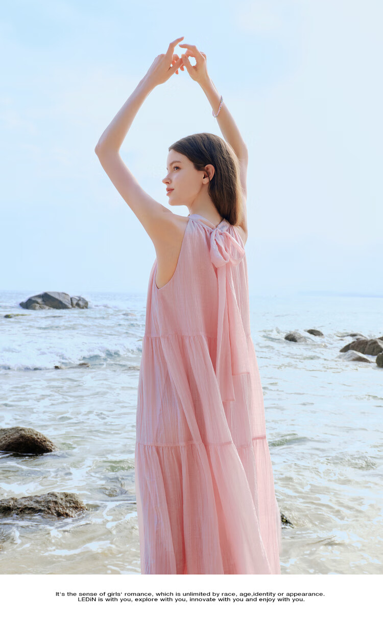 LeTing Camellia Girl Textured Halter Neck Long Dress Vacation Style Ribbon Dress Pink (In Stock) M 12