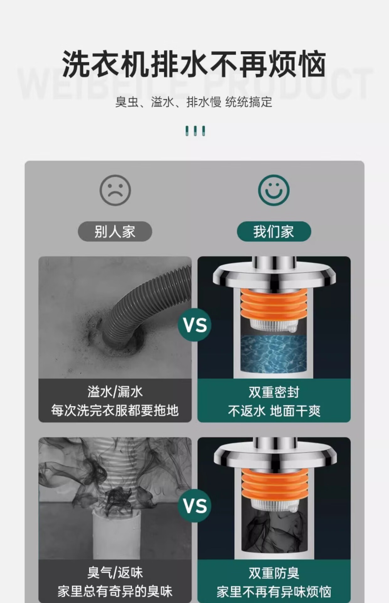 洗衣机下水管四通地漏接头洗手盆烘干机三头通排水管防臭塞防溢水银色