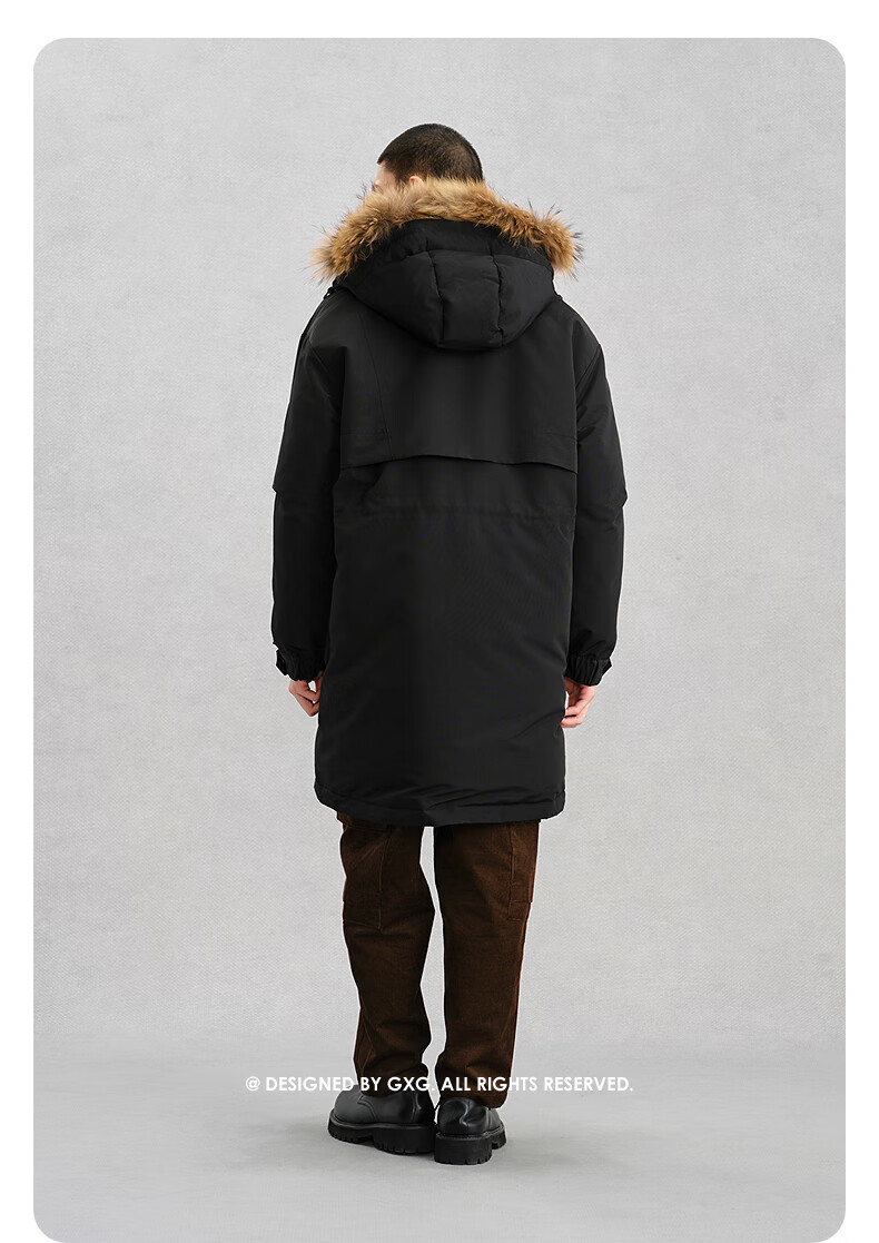 GXG Men's Hooded Long Down Jacket with Fur Collar, Mall Edition, Commuter Coat, Black, Size 170/M 6