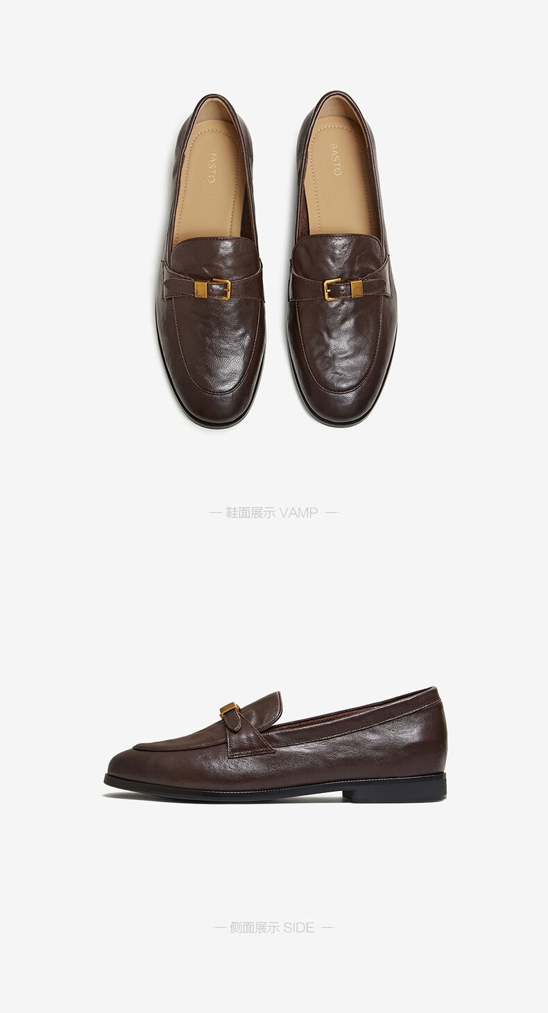 BASTO Jazz Vinyl 26 Spring British Sheepskin Slip-On Loafers Women Single Shoes UXS01AA6 Dark Brown 36 15