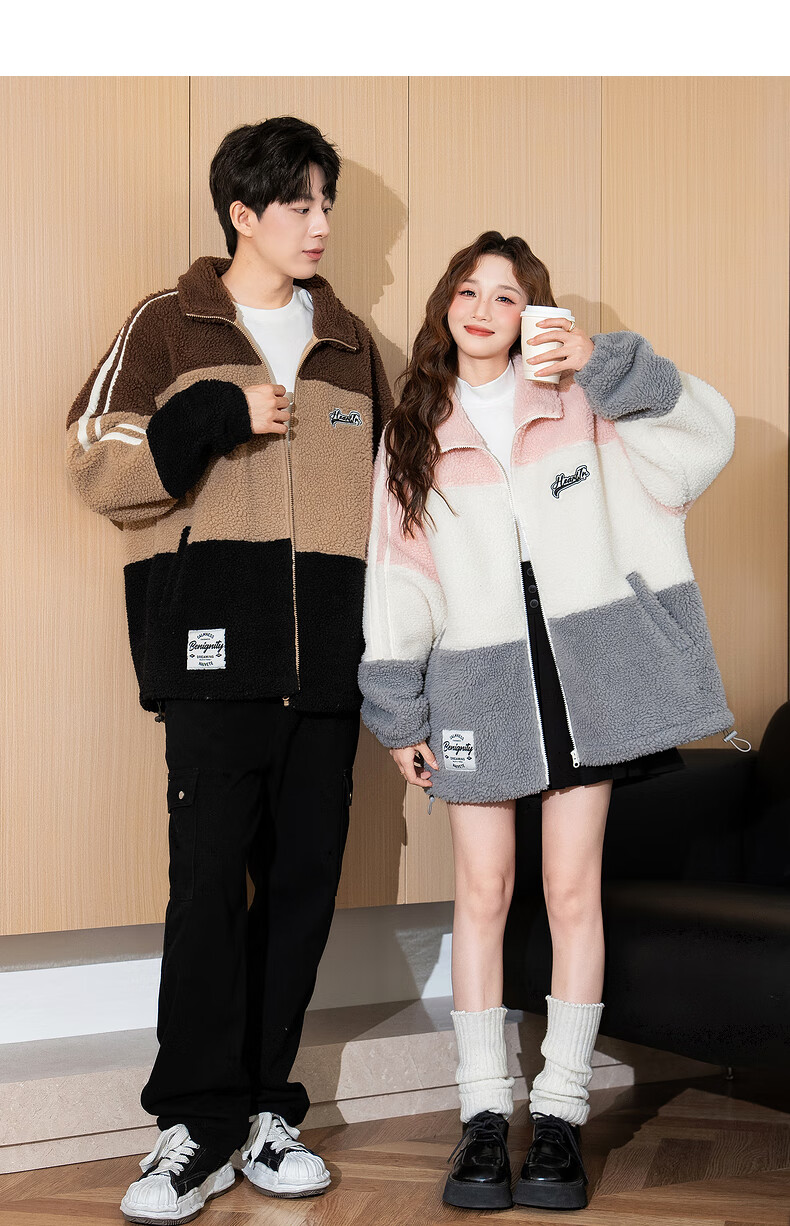 TonLion 2025 Winter Couple Stand Collar Patchwork Left Chest Embroidered Short Faux Shearling Thick Jacket 3