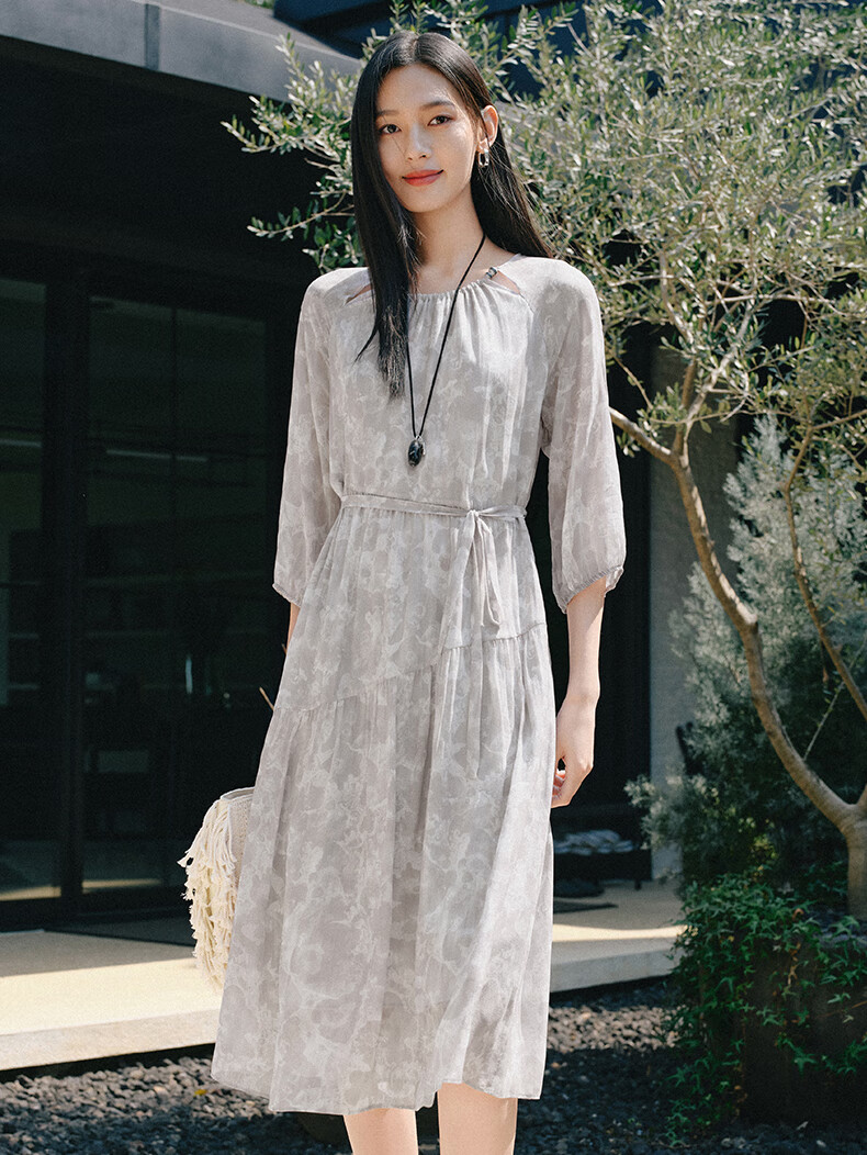 JUZII·ANNAKOU Landscape Dress 100% Mulberry Silk Elegant Waist-Cinching Summer Dress for Women Light Gray XL 5