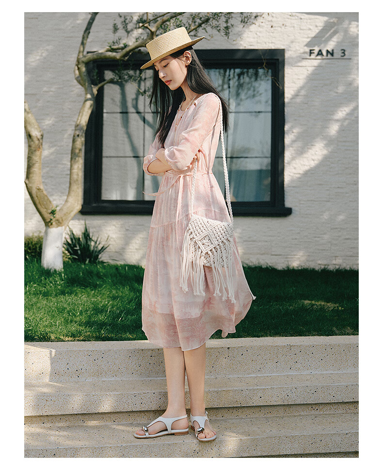 JUZII·ANNAKOU Landscape Dress 100% Mulberry Silk Elegant Waist-Cinching Summer Dress for Women Light Gray XL 15