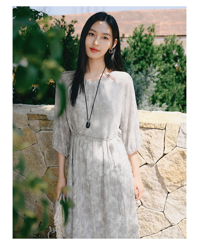 JUZII·ANNAKOU Landscape Dress 100% Mulberry Silk Elegant Waist-Cinching Summer Dress for Women Light Gray XL 10