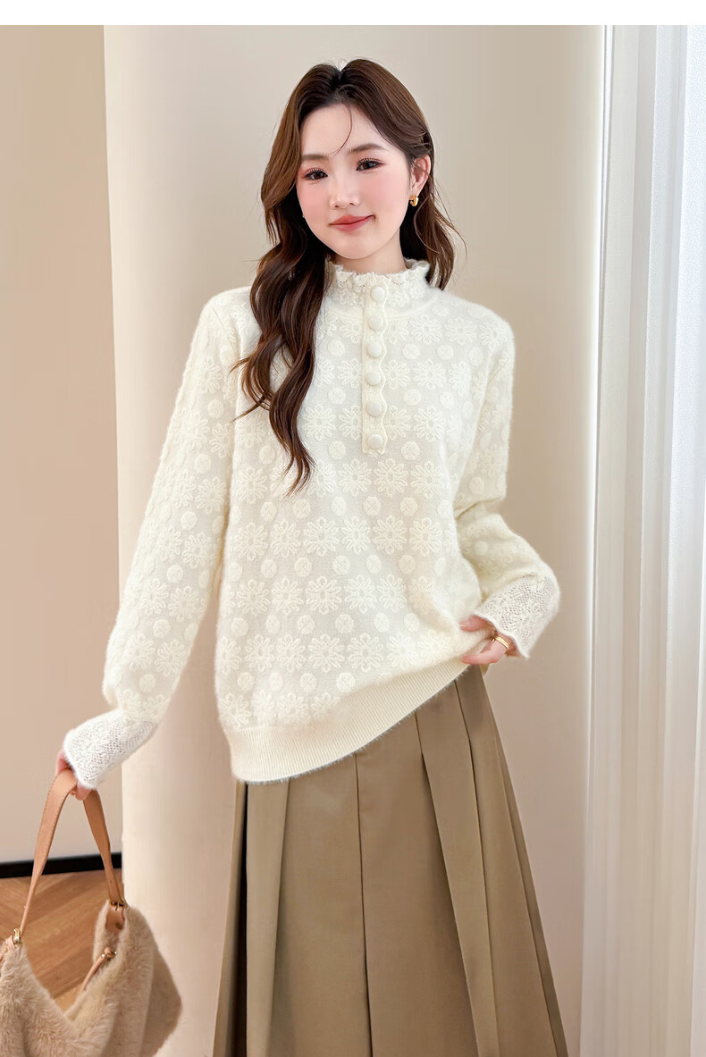 TonLion 2025 Autumn Winter Lady Style Monochrome Jacquard Half-Placket Pullover Sweater for Women 7