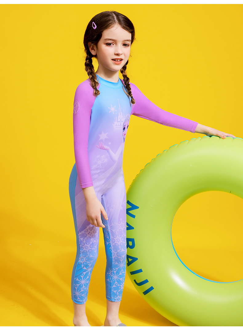 2022新款迪士尼冰雪奇缘儿童泳衣 儿童泳衣女童连体长袖防晒速干女孩