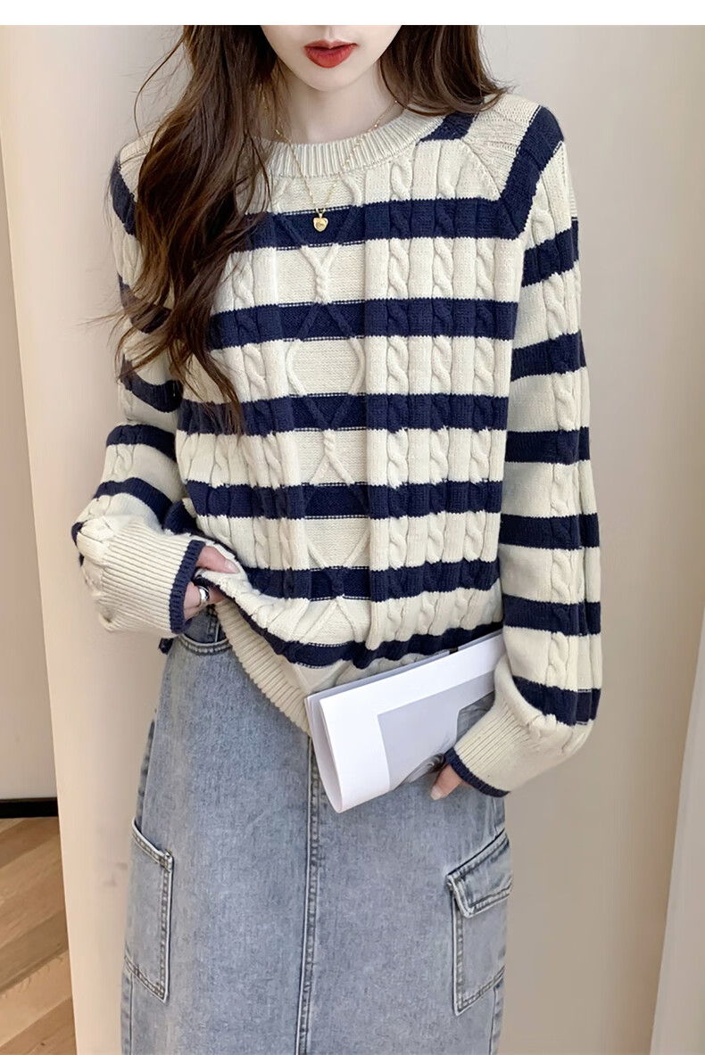 TonLion 2025 Autumn Winter Striped Cable Knit Women's Crew Neck Pullover Sweater 8