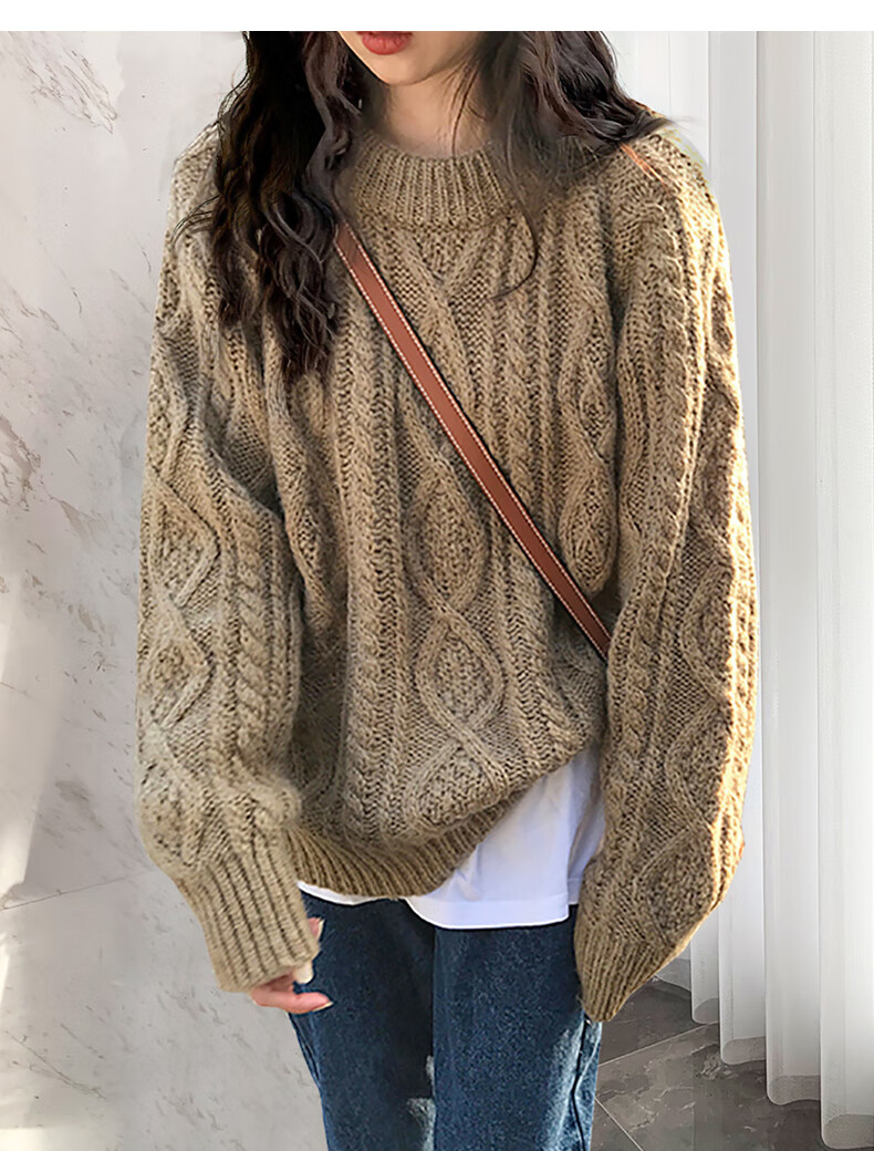 TonLion 2025 Autumn Winter Retro Style Cable Knit Women's Crew Neck Pullover Sweater 7