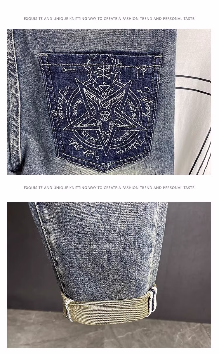 Embroidered Jeans Men's Autumn Loose Straight Nine-Point Pants American Retro Premium Casual Elastic Pants, Blue 33_mkmklike.com