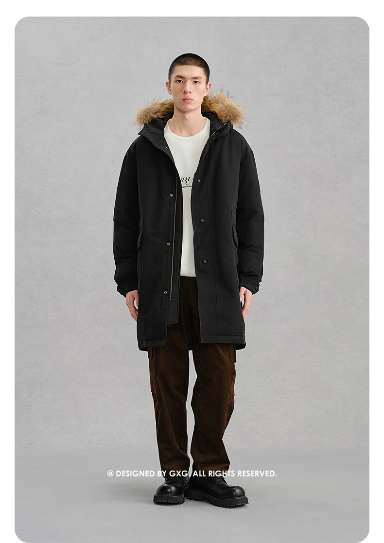 GXG Men's Hooded Long Down Jacket with Fur Collar, Mall Edition, Commuter Coat, Black, Size 170/M 4