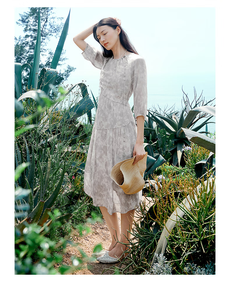 JUZII·ANNAKOU Landscape Dress 100% Mulberry Silk Elegant Waist-Cinching Summer Dress for Women Light Gray XL 9