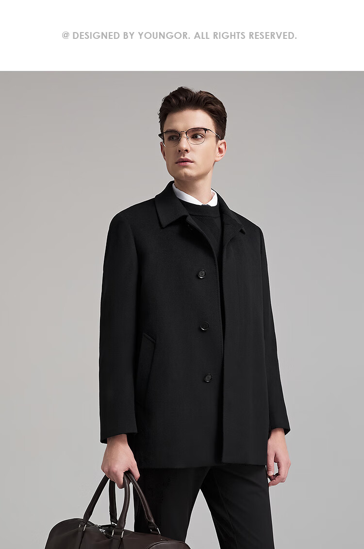 YOUNGOR Cashmere and Goose Down Lined Autumn Winter Men's Warm Short Business Lapel Coat 01N997A 9