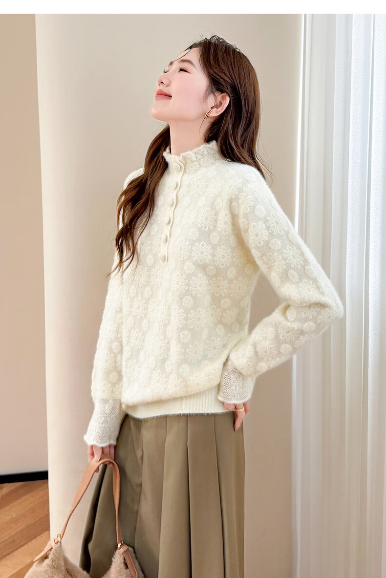 TonLion 2025 Autumn Winter Lady Style Monochrome Jacquard Half-Placket Pullover Sweater for Women 6