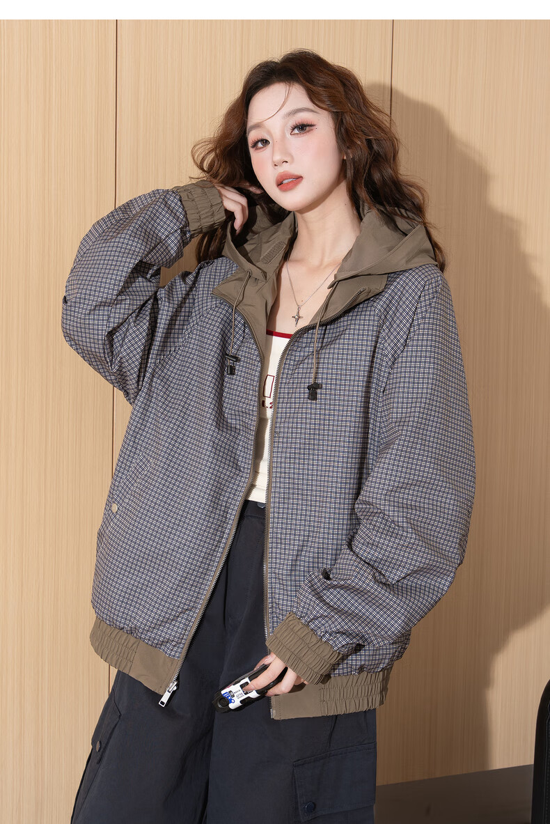 TonLion 2026 Spring Women's Hooded Reversible Plaid Coat Coffee L 13