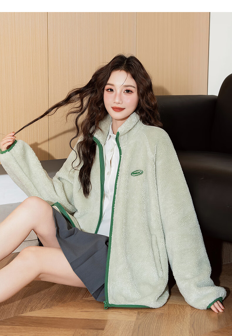 TonLion 2025 Winter Women's Stand Collar Faux Lamb Wool Chest Logo Stand Collar Coat Healing Plush Thick Jacket 10