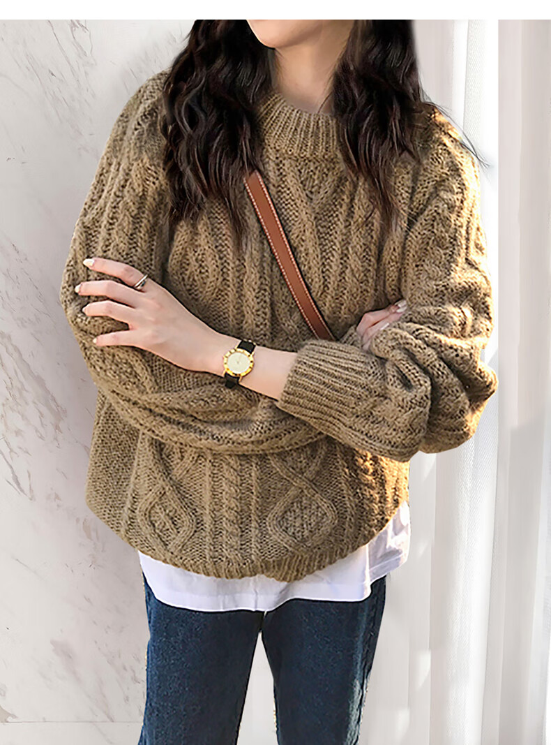 TonLion 2025 Autumn Winter Retro Style Cable Knit Women's Crew Neck Pullover Sweater 6