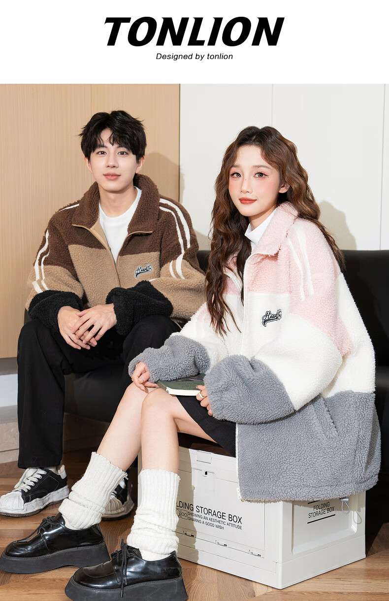 TonLion 2025 Winter Couple Stand Collar Patchwork Left Chest Embroidered Short Faux Shearling Thick Jacket 1