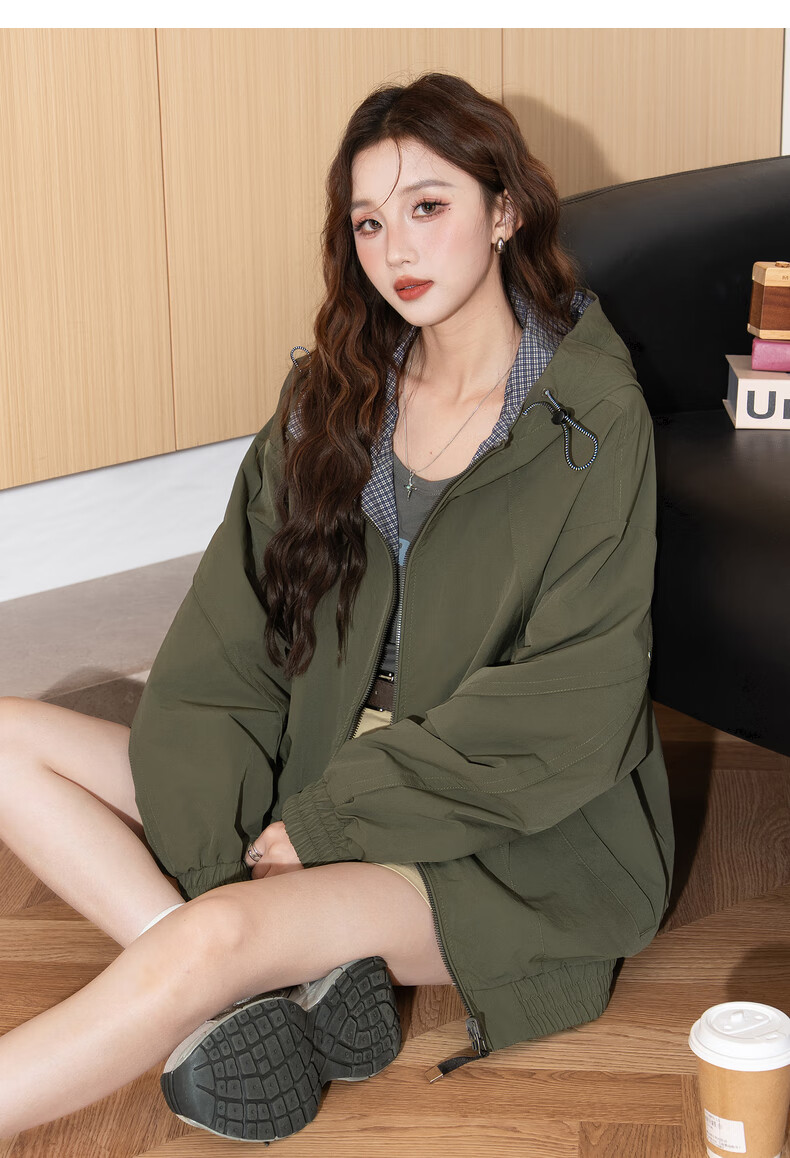 TonLion 2026 Spring Women's Hooded Short Plaid Reversible Casual Fashion Jacket Green S 25