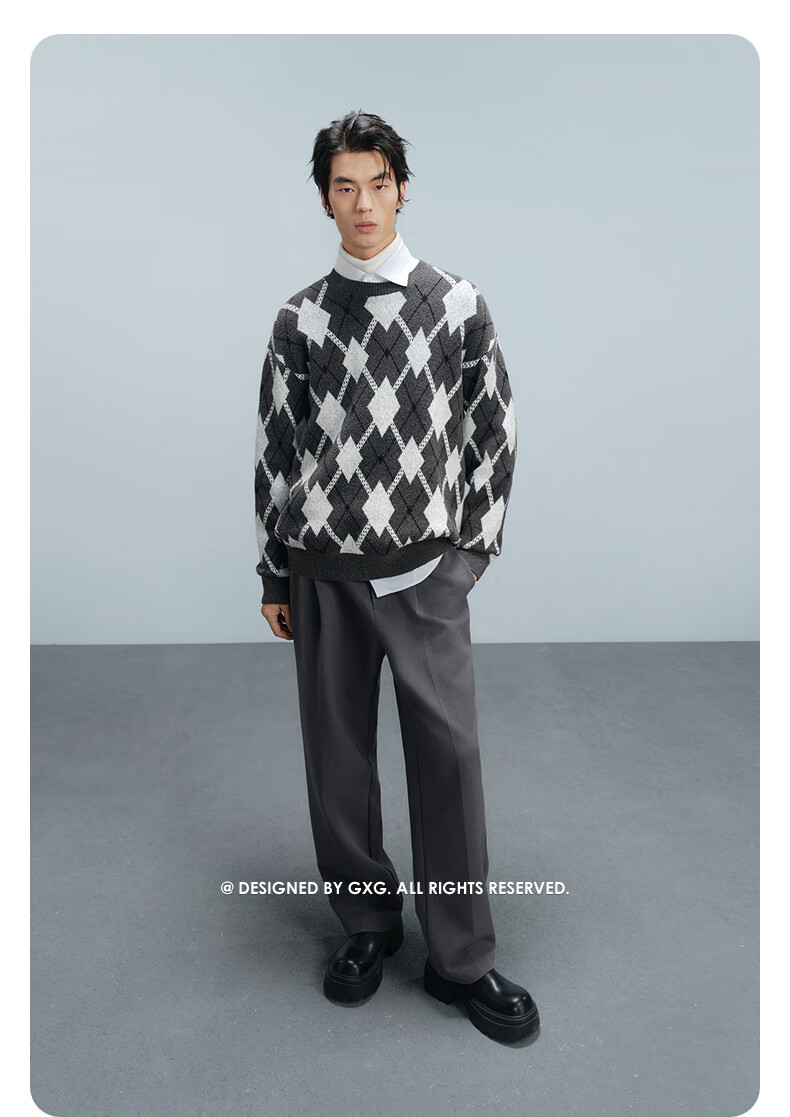 GXG Menswear Mall Same Style Gray White Plaid Cable Knit Sweater Men's Commuter Sweater Gray White Plaid 175/L 5