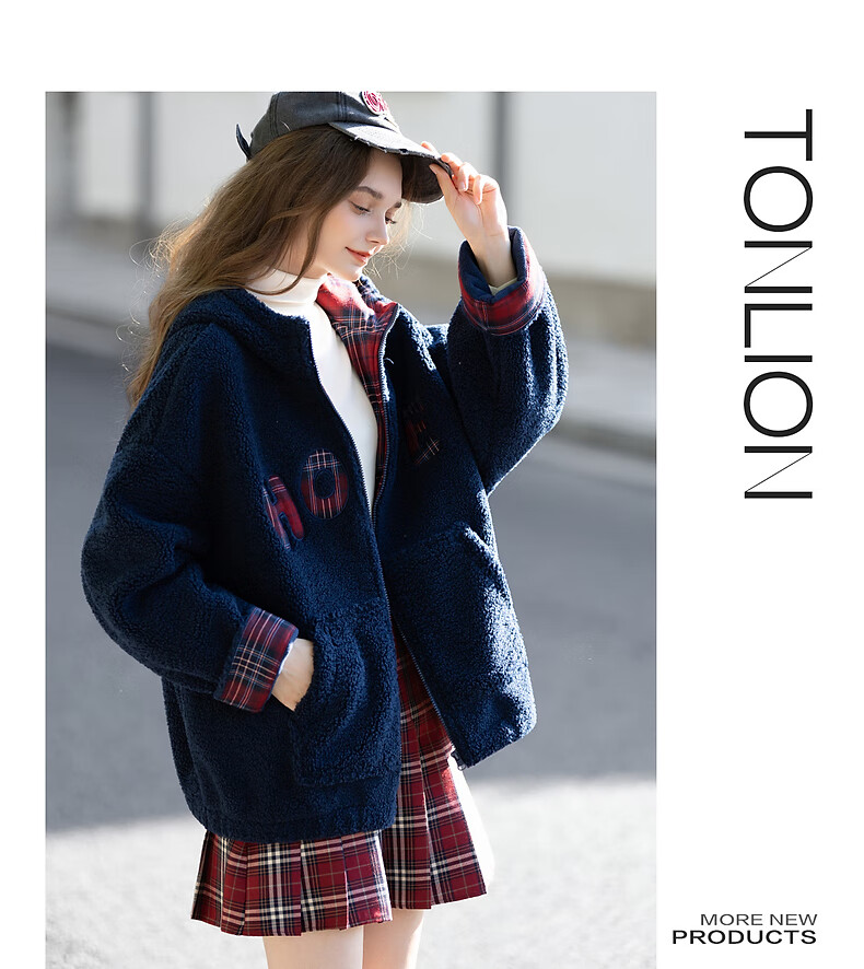 TonLion 2025 Autumn Winter Women's Hooded Plaid Faux Shearling Long Coat 2
