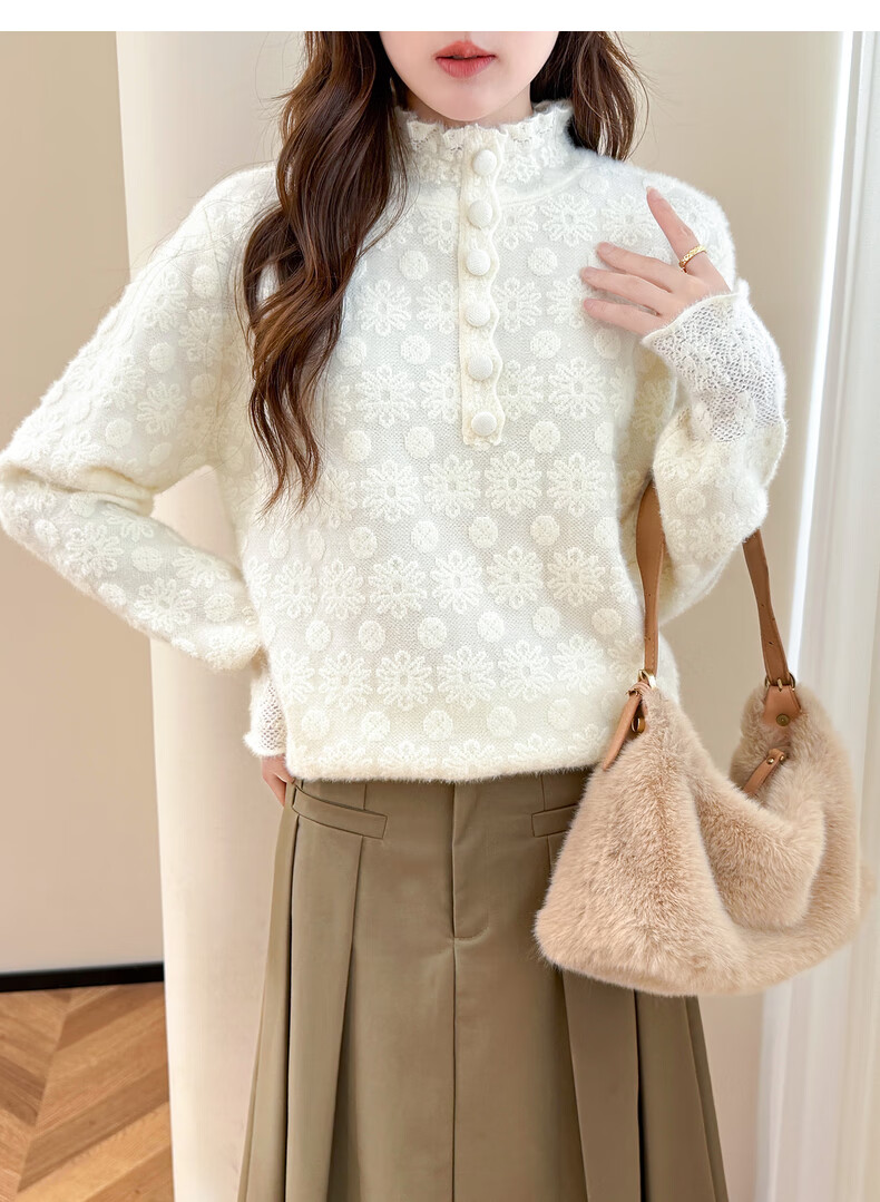 TonLion 2025 Autumn Winter Lady Style Monochrome Jacquard Half-Placket Pullover Sweater for Women 9