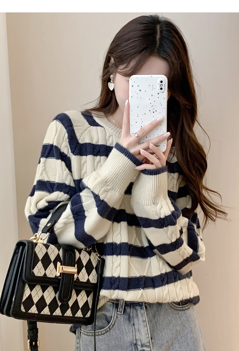 TonLion 2025 Autumn Winter Striped Cable Knit Women's Crew Neck Pullover Sweater 3