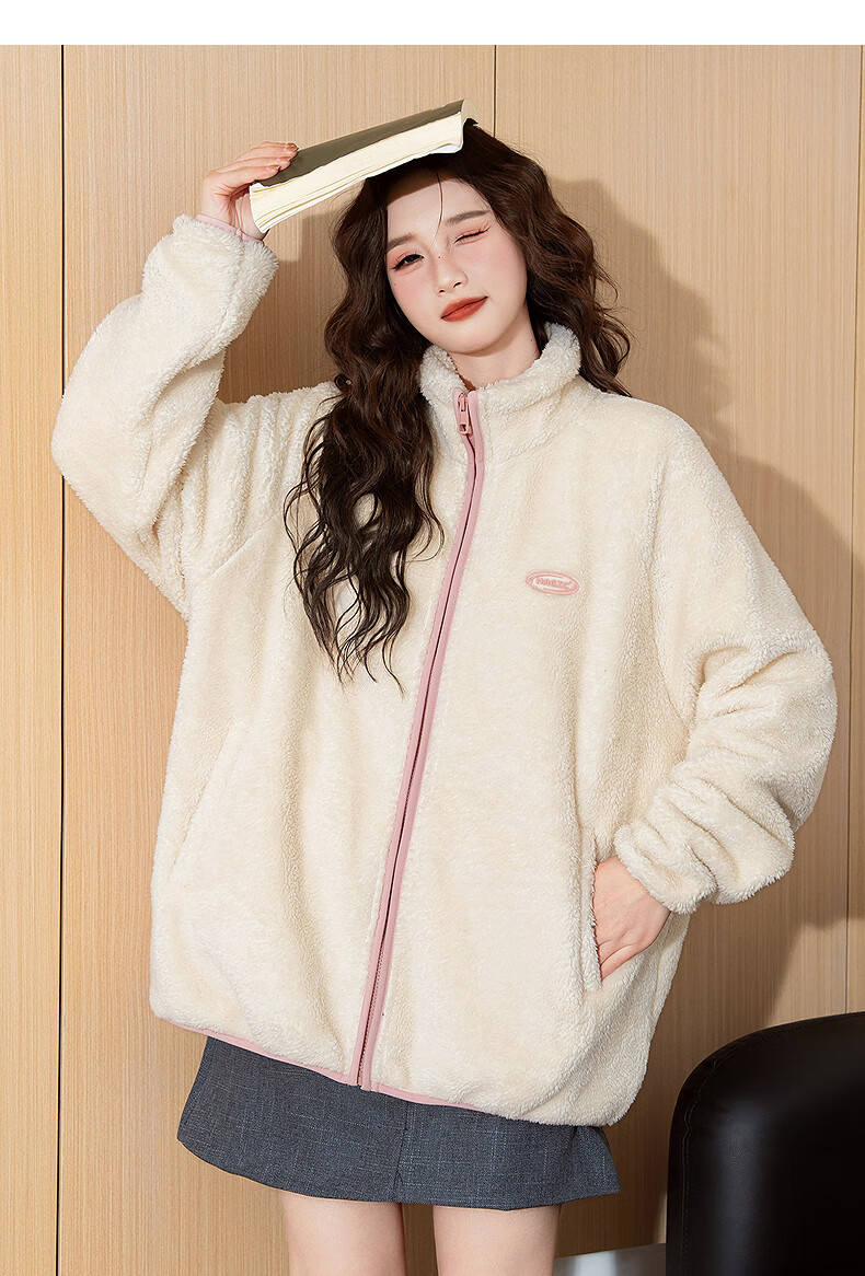 TonLion 2025 Winter Women's Stand Collar Faux Lamb Wool Chest Logo Stand Collar Coat Healing Plush Thick Jacket 3