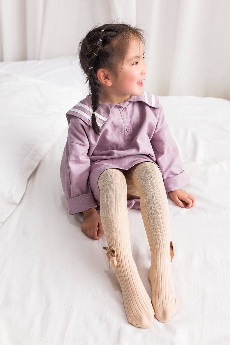 春秋纯棉大pp婴儿打底裤袜宝宝女童袜子蝴蝶结针织儿童连裤袜 藕粉 6