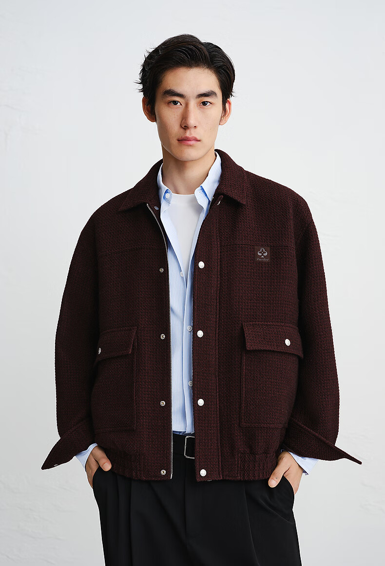 Peacebird [Little Chanel Style] Qiji Red Peacebird Men's Jacket New Year Greetings 26 Spring Dark Wine Red First Batch XL 2