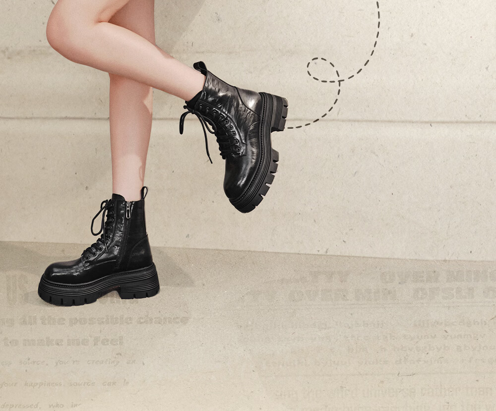 TATA TATA Patrol Star Women's Boots Work Boots Black Layered Martin Short Boots Black 39 4