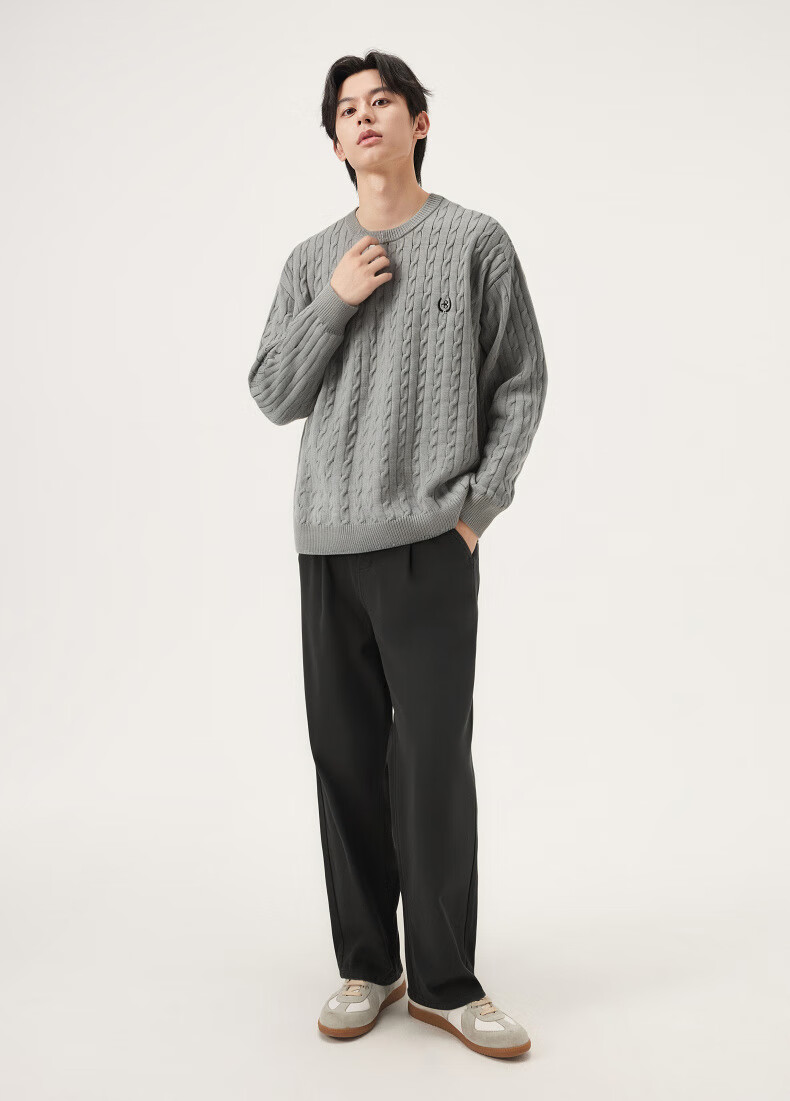 Gxgjeans Men's Embroidered Cable Knit Warm Crew Neck Sweater Knitwear 2025 Winter New Gray Coffee 190/XXXL 8