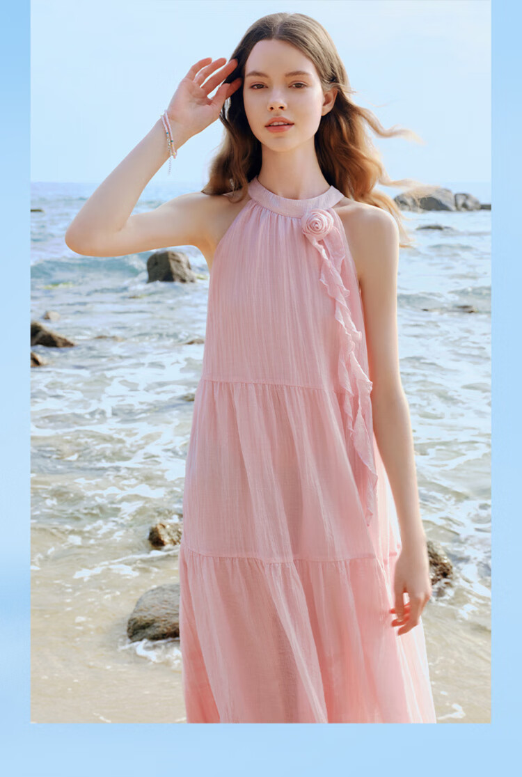 LeTing Camellia Girl Textured Halter Neck Long Dress Vacation Style Ribbon Dress Pink (In Stock) M 4