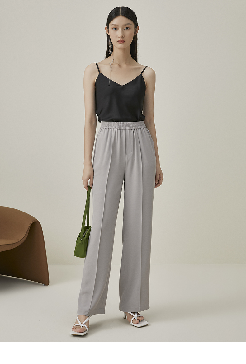 曼德诗云朵裤女2021夏季新款宽松直筒休闲长裤气质高腰垂感阔腿裤黑色