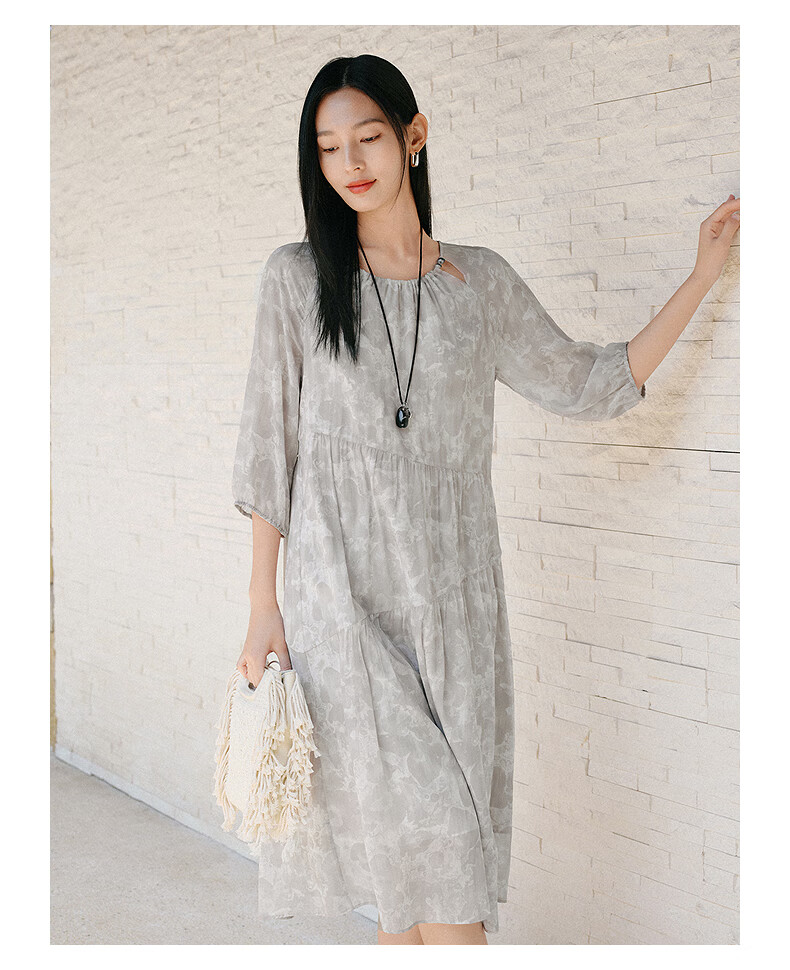 JUZII·ANNAKOU Landscape Dress 100% Mulberry Silk Elegant Waist-Cinching Summer Dress for Women Light Gray XL 12