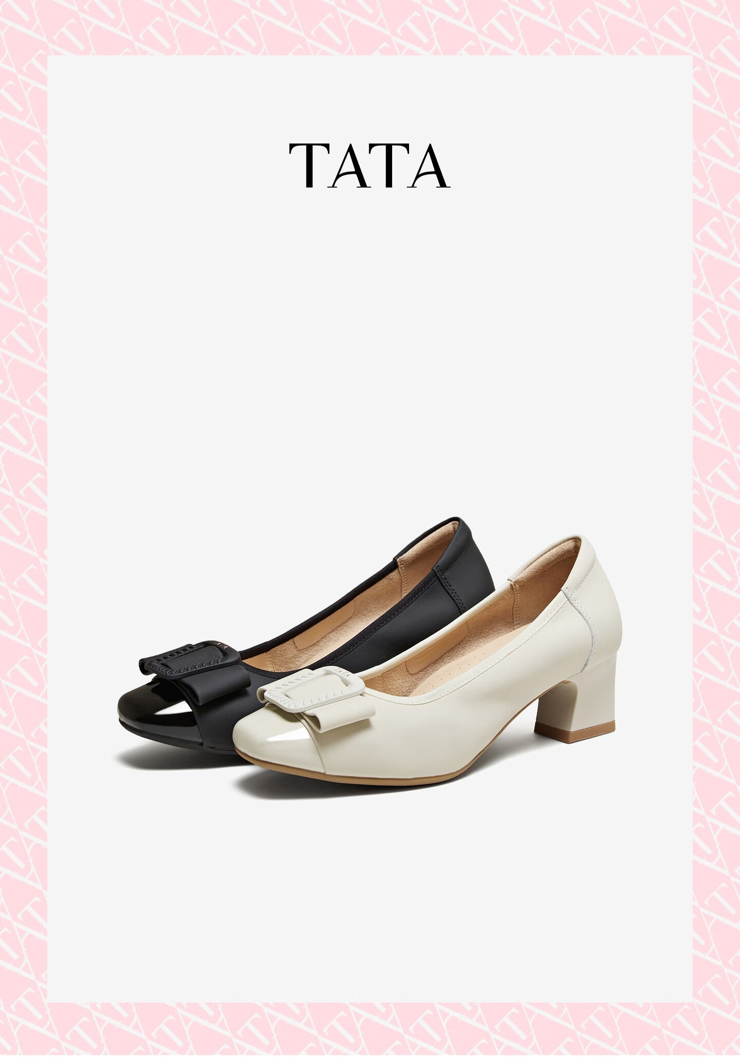 Tata Women's Low-Cut Fashion Versatile Black Chunky Heels URH04AQ6 Off-White Size 36 2